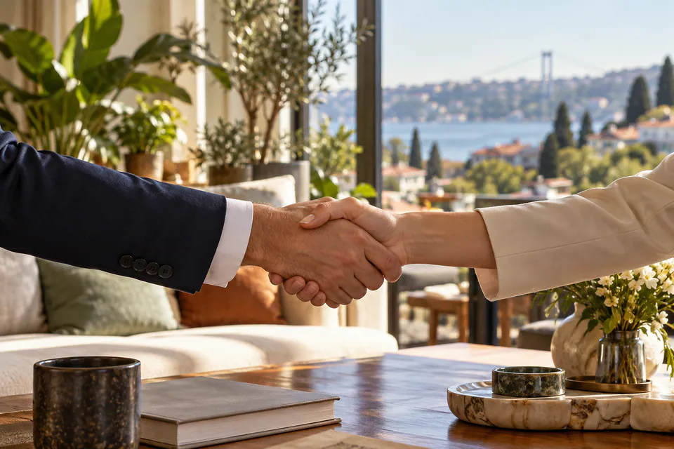Aydınlık bir salonda masa üzerinde el sıkışma