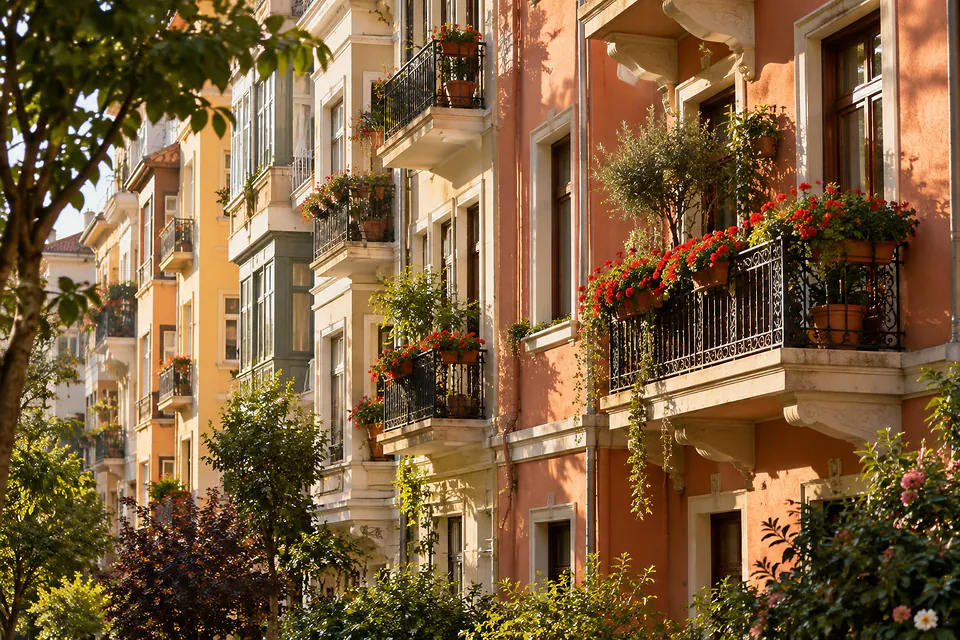 Kadıköy'de çiçekli balkonlu apartman cepheleri