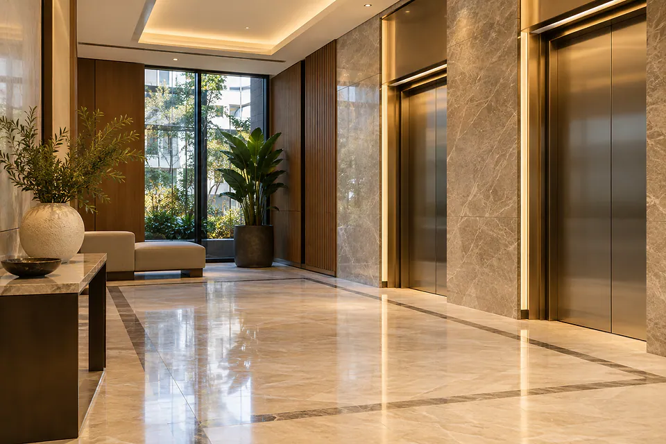 Yeni bir apartmanın mermer zeminli lobisi