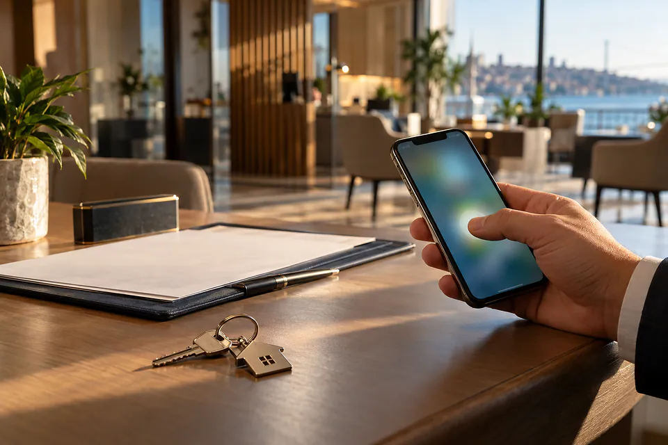 Ev anahtarının yanında telefonla ödeme onayı veren el